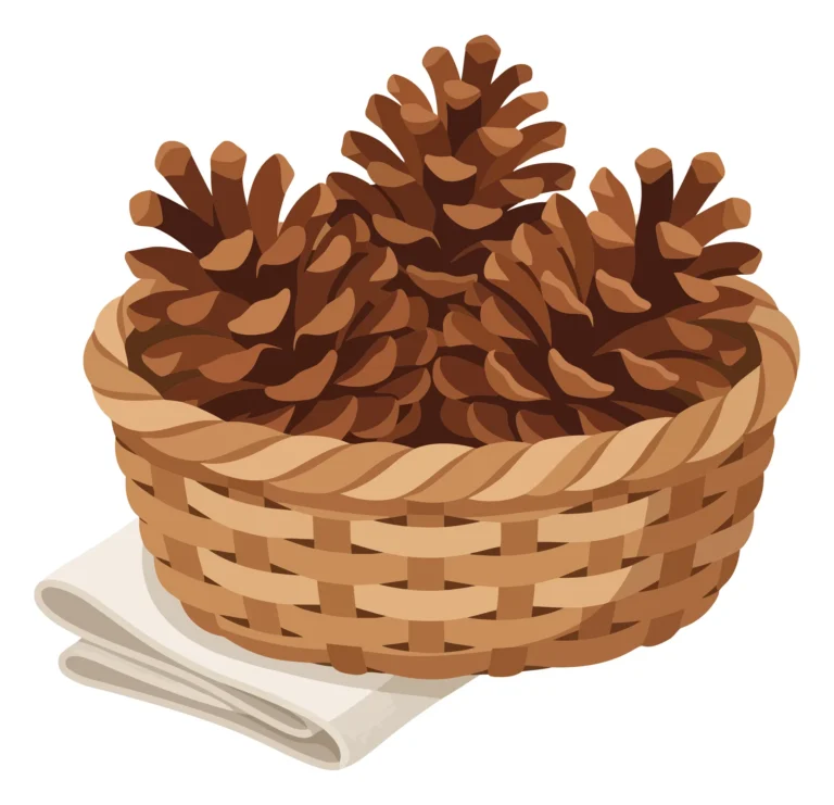 Wicker basket with pine cones on white linen cloth
