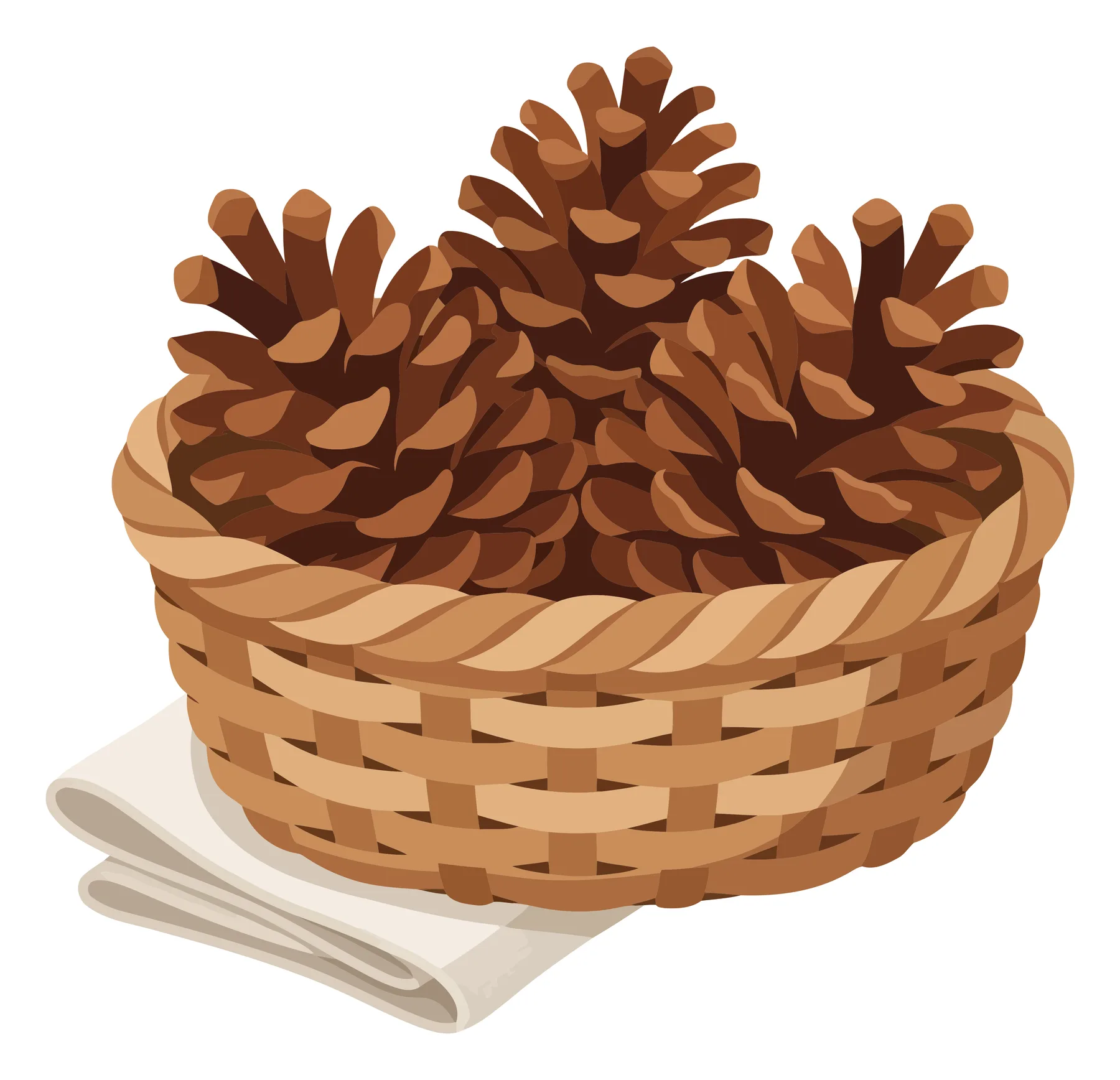 wicker basket filled with natural brown pine cones sitting on a folded white linen cloth