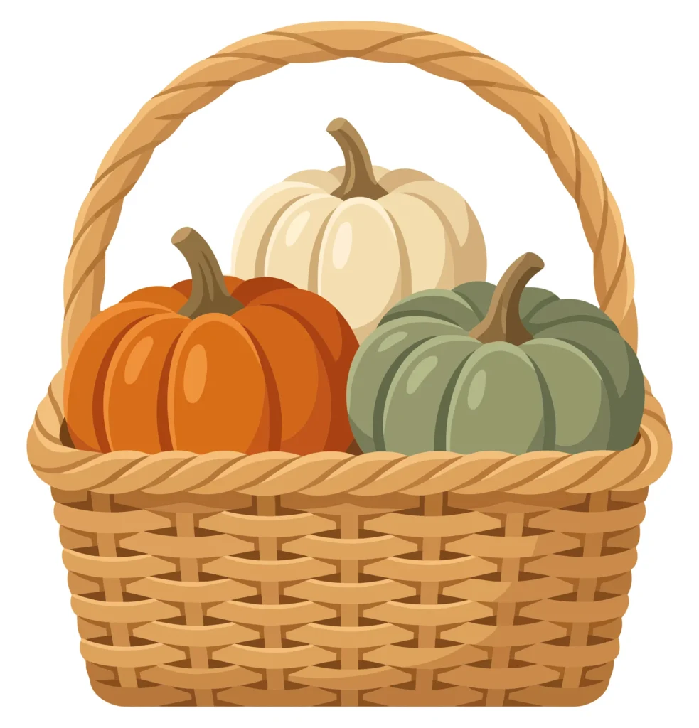 wicker basket filled with three colorful pumpkins, including orange, white, and green varieties, perfect for autumn, thanksgiving, and harve
