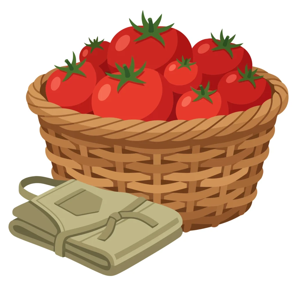 wicker basket full of fresh ripe red tomatoes with green stems next to a folded beige apron, harvest concept illustration