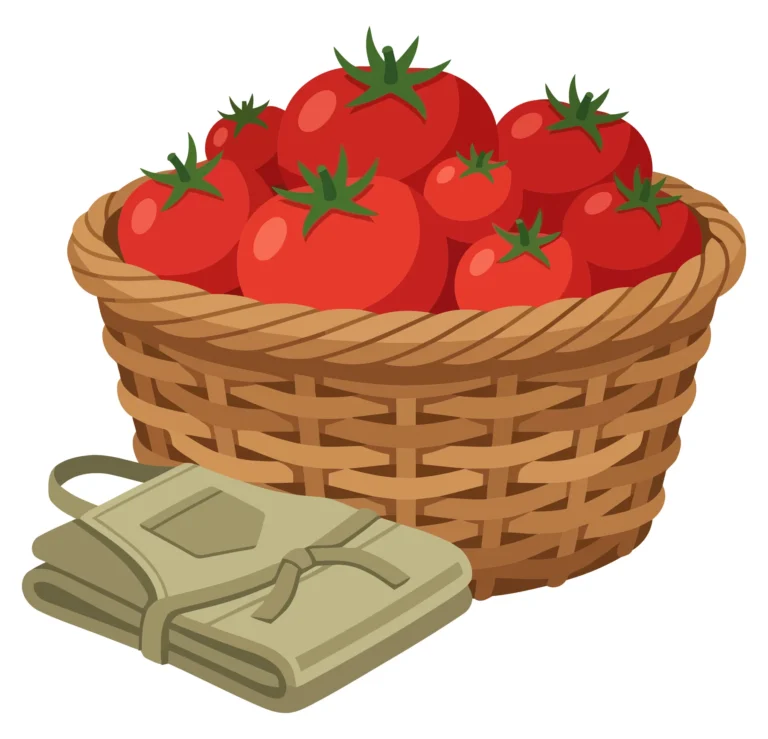 wicker basket full of fresh ripe red tomatoes with green stems next to a folded beige apron, harvest concept illustration