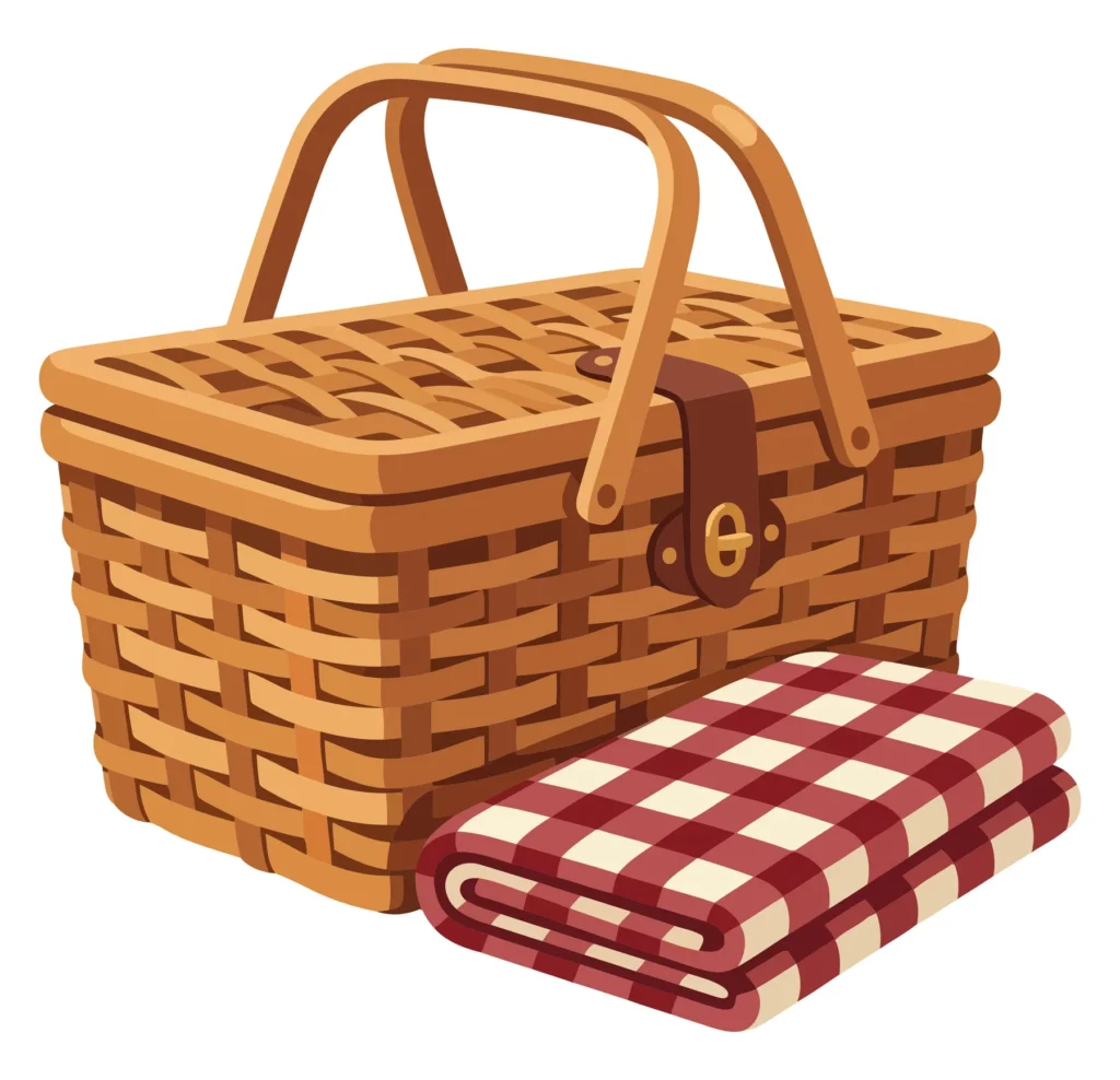wicker picnic basket with folded checkered blanket isolated on white background