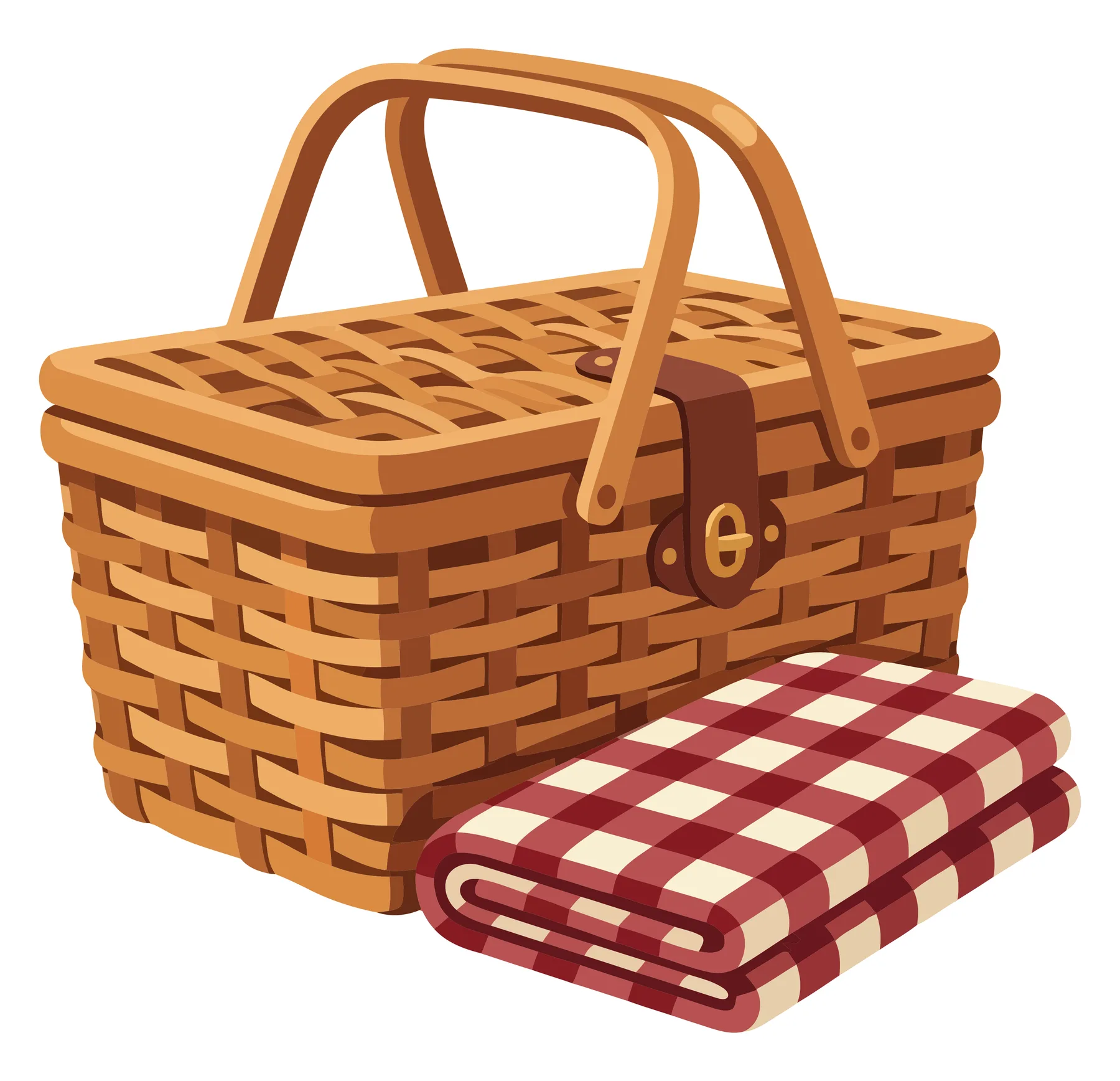 wicker picnic basket with folded checkered blanket isolated on white background