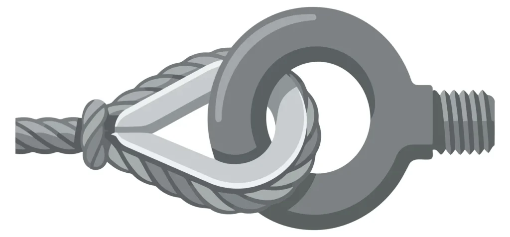 wire rope loop secured with a metal thimble and connected to an eye bolt