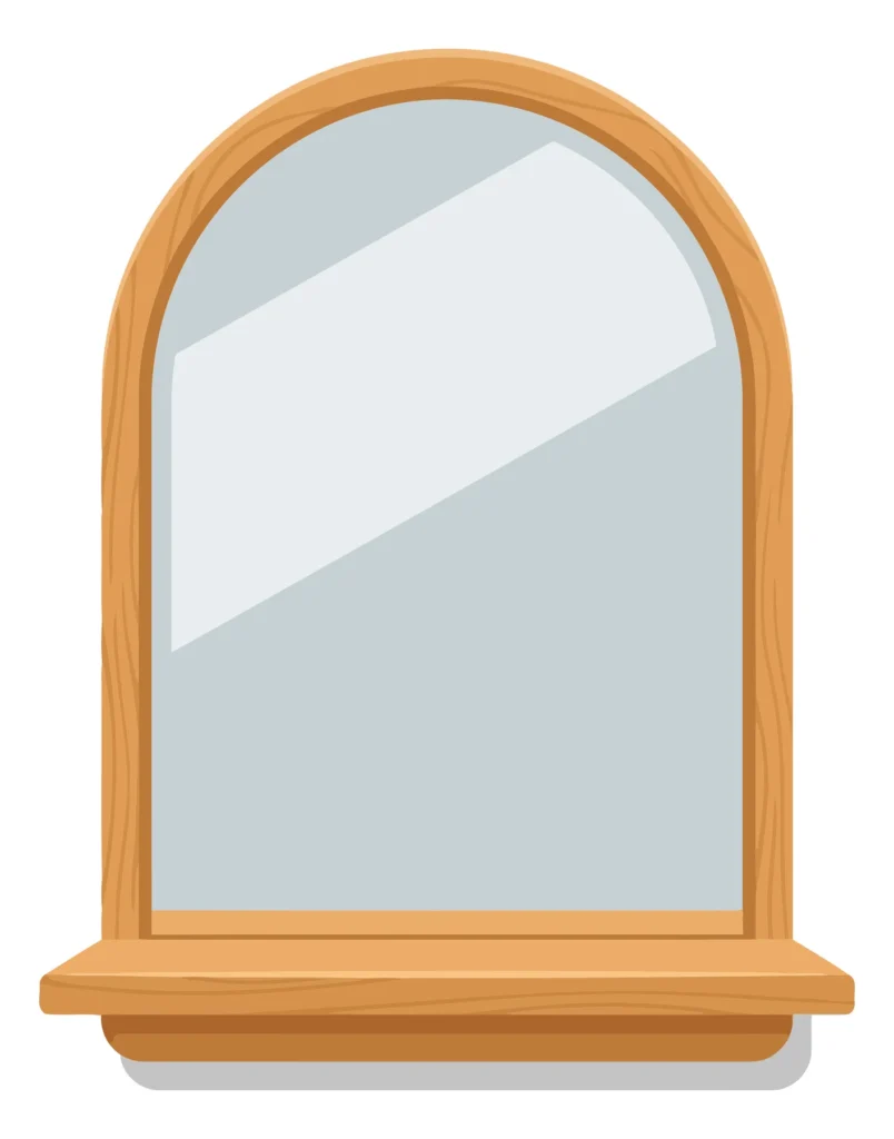 wooden arched mirror with a small shelf