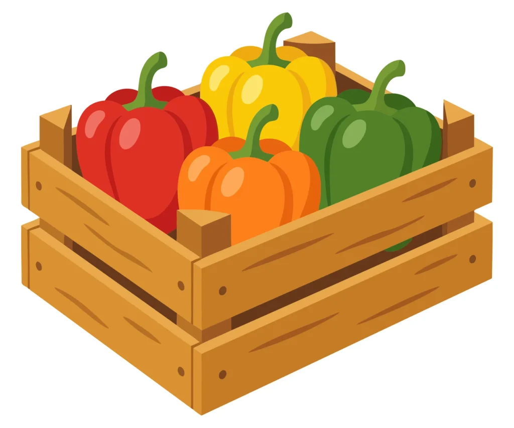 wooden crate filled with fresh colorful bell peppers, including red, yellow, orange, and green varieties, arranged neatly in a rustic contai