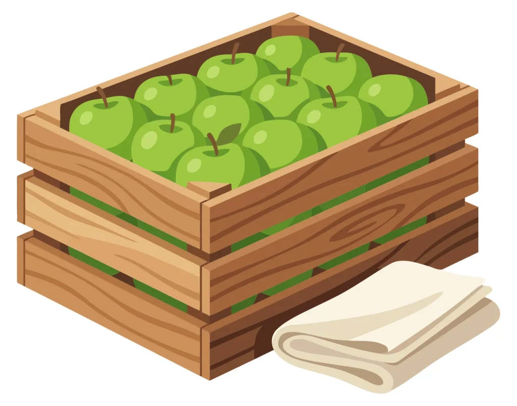 wooden crate filled with fresh green apples and a folded white cloth napkin isolated on white background
