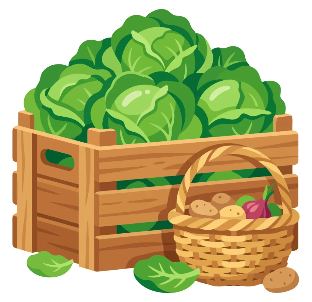 wooden crate filled with fresh green cabbages and a wicker basket containing potatoes and a red onion