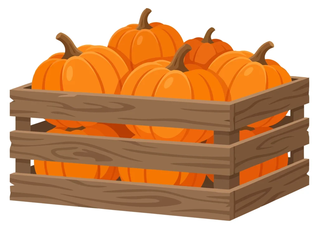 wooden crate filled with fresh orange pumpkins