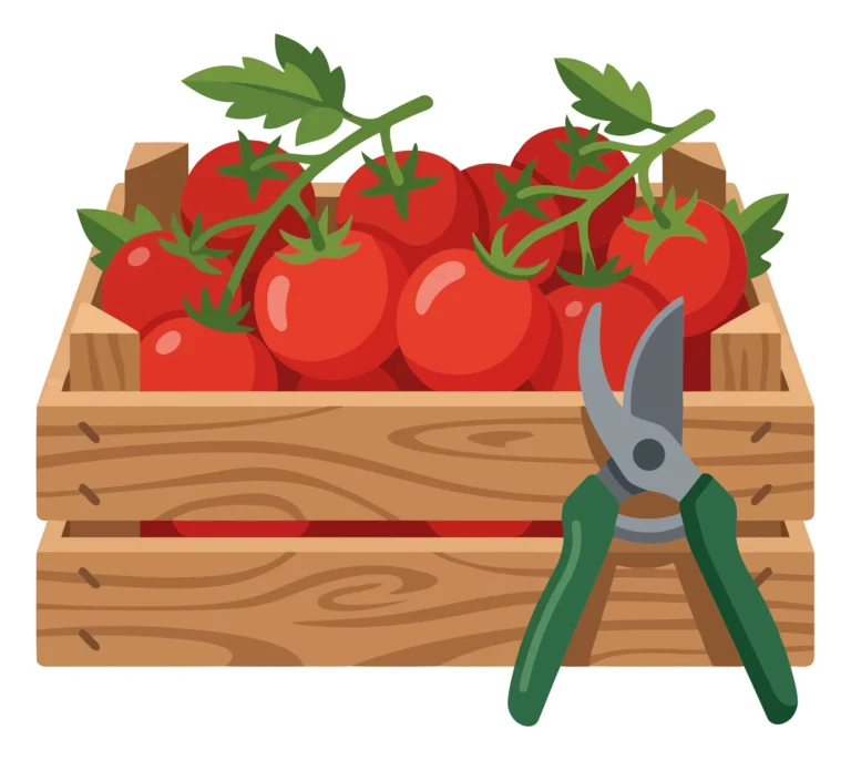 wooden crate filled with fresh ripe red tomatoes on the vine and garden pruning shears isolated on white background