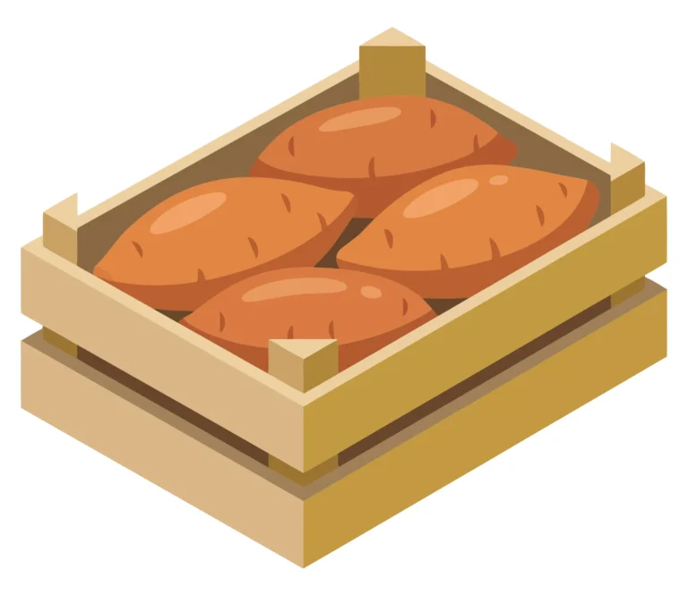 wooden crate filled with fresh sweet potatoes, isometric vector illustration of organic root vegetables in a harvest container