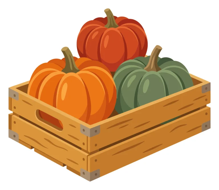 wooden crate filled with three colorful pumpkins, including orange and green varieties, isolated on white background