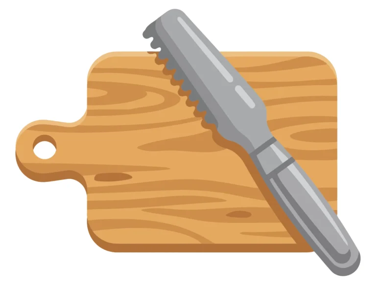 Serrated Kitchen Knife on Wooden Cutting Board