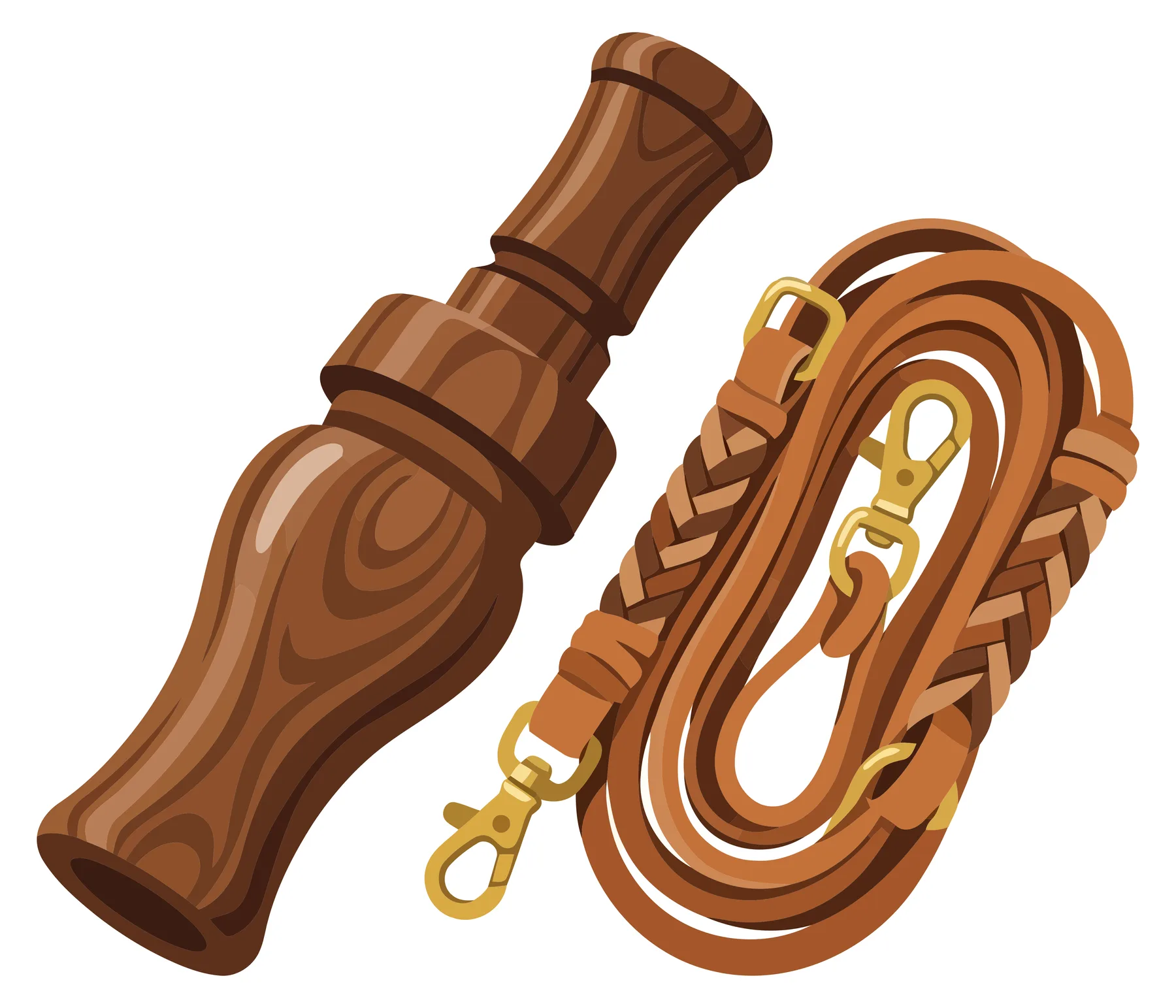 wooden duck call and a braided leather lanyard with brass clips for hunting gear, isolated on white background