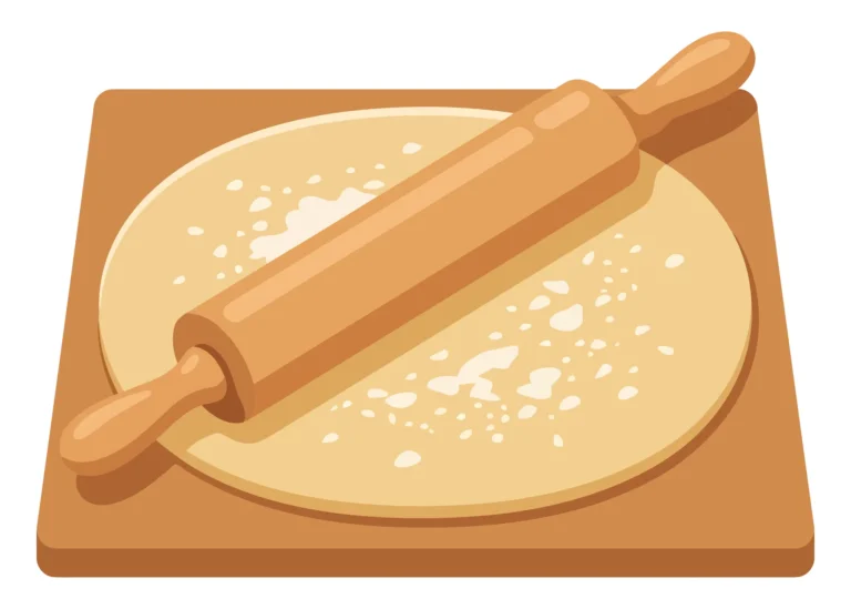 Wooden rolling pin on dough with flour on cutting board