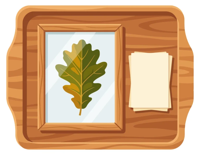 Wooden Tray with Framed Oak Leaf and Blank Paper Stack