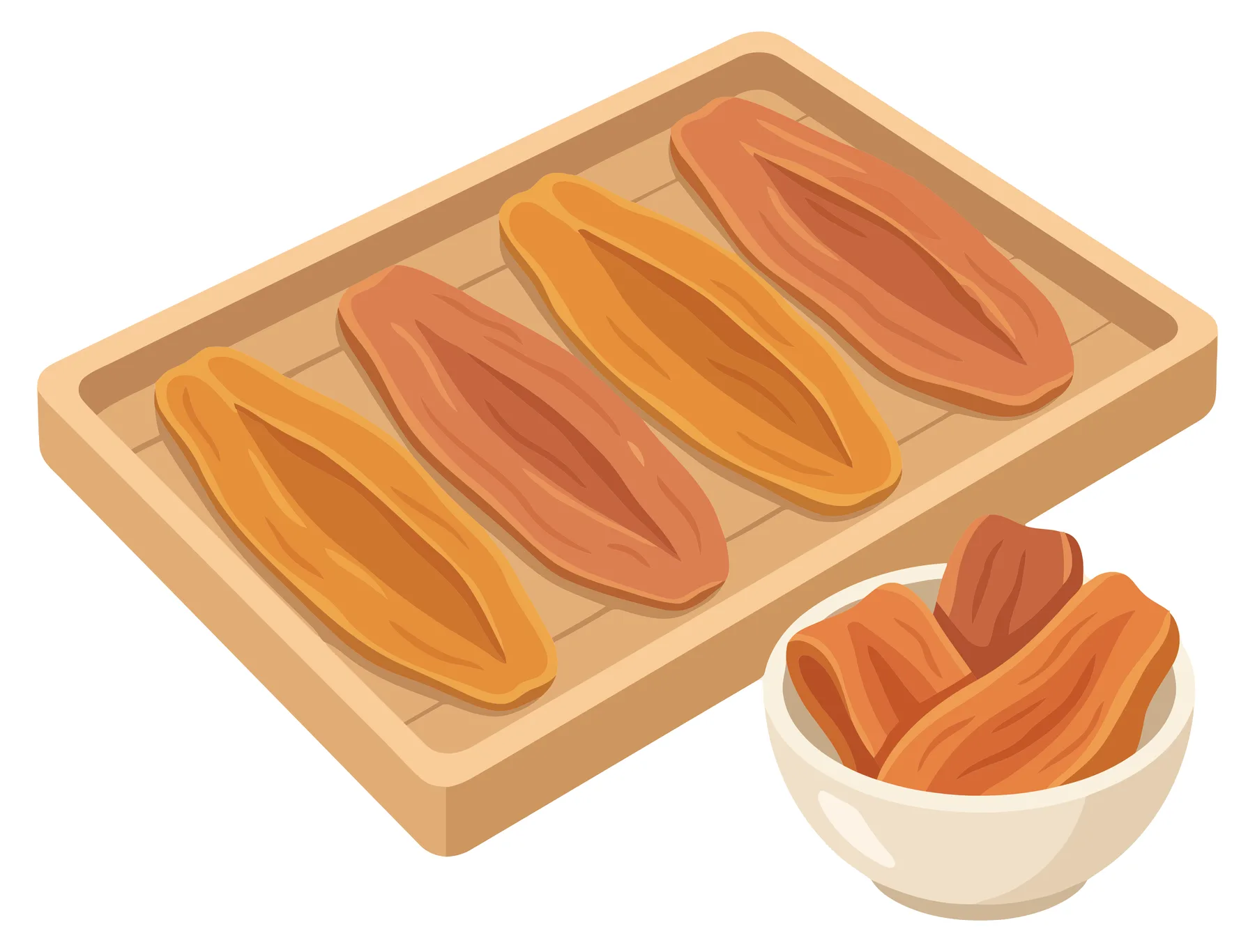 wooden tray with dried sweet potato slices and small bowl isolated on white background
