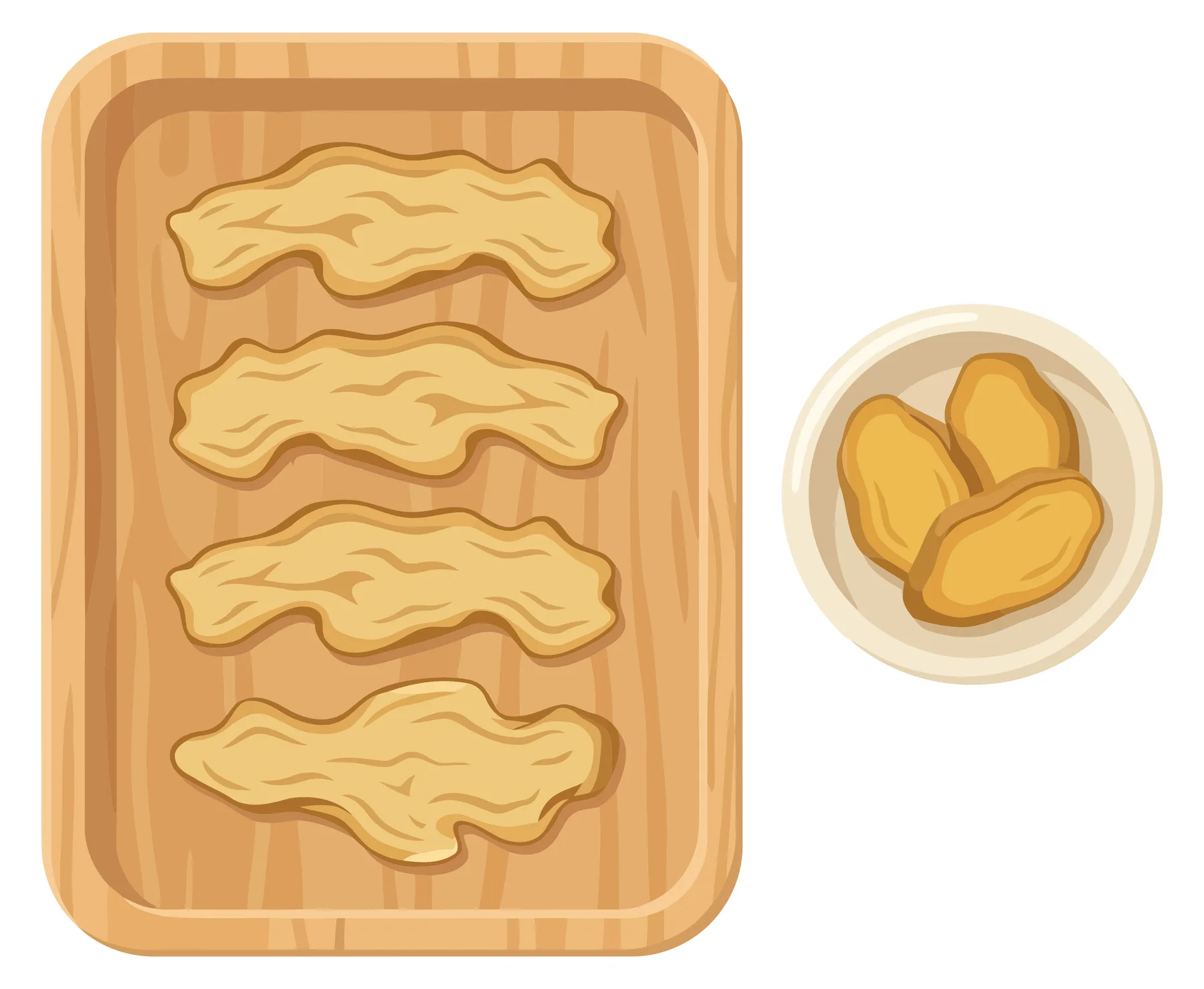 wooden tray with flat dried fruit slices and a small bowl of dehydrated fruit snacks isolated on white background