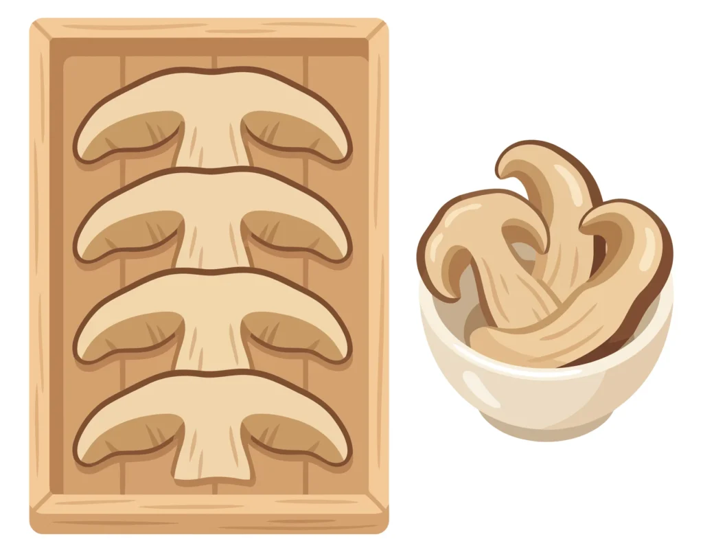 wooden tray with sliced mushrooms and small bowl isolated on white background