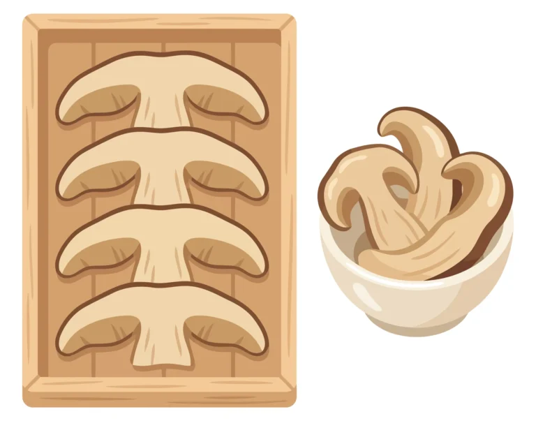 Wooden Tray With Sliced Mushrooms And Small Bowl Isolated On White Background