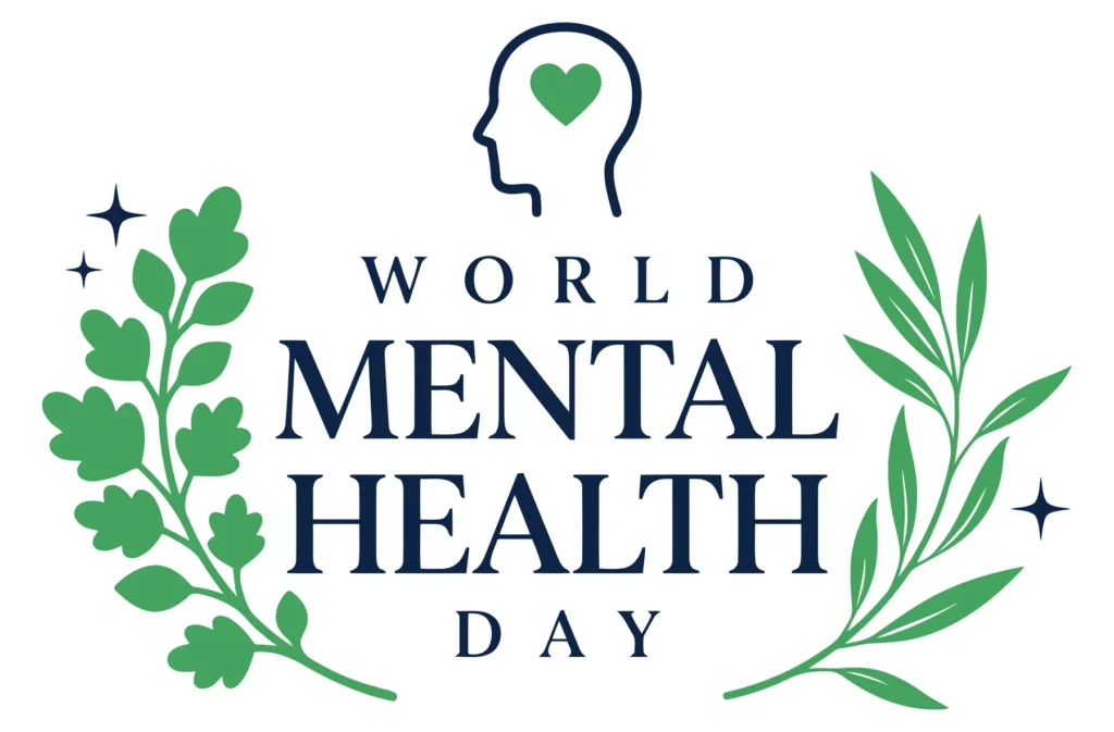 world mental health day typography design with head silhouette and green heart