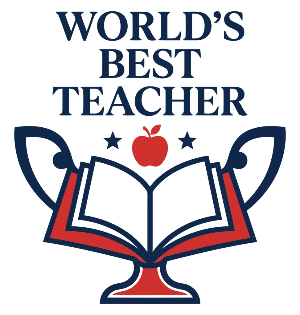 worlds best teacher typography with trophy and apple icon