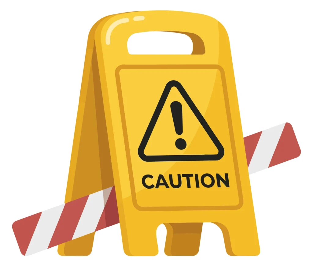 yellow caution sign with an exclamation mark and a red and white striped barrier
