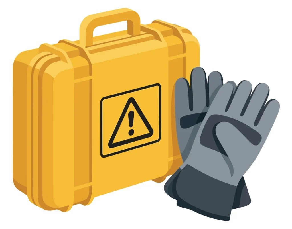 yellow safety case with warning sign and grey work gloves