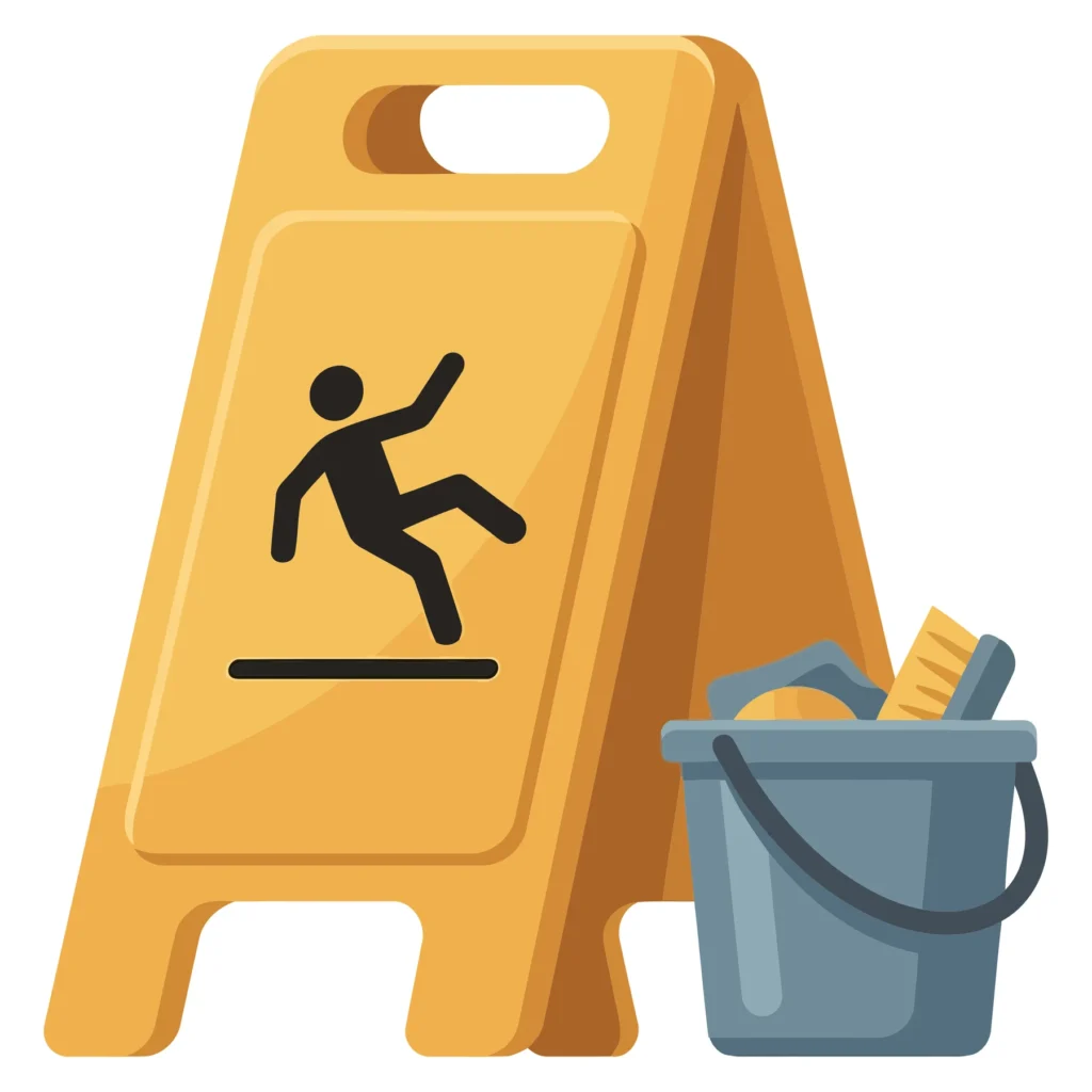 yellow wet floor sign and a bucket with cleaning tools