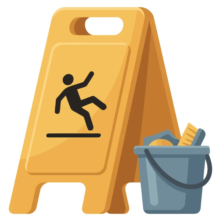 yellow wet floor sign and a bucket with cleaning tools