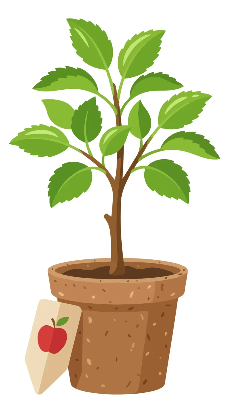 Young Apple Tree Sapling Growing In A Brown Clay Flower Pot With A Plant Label Tag