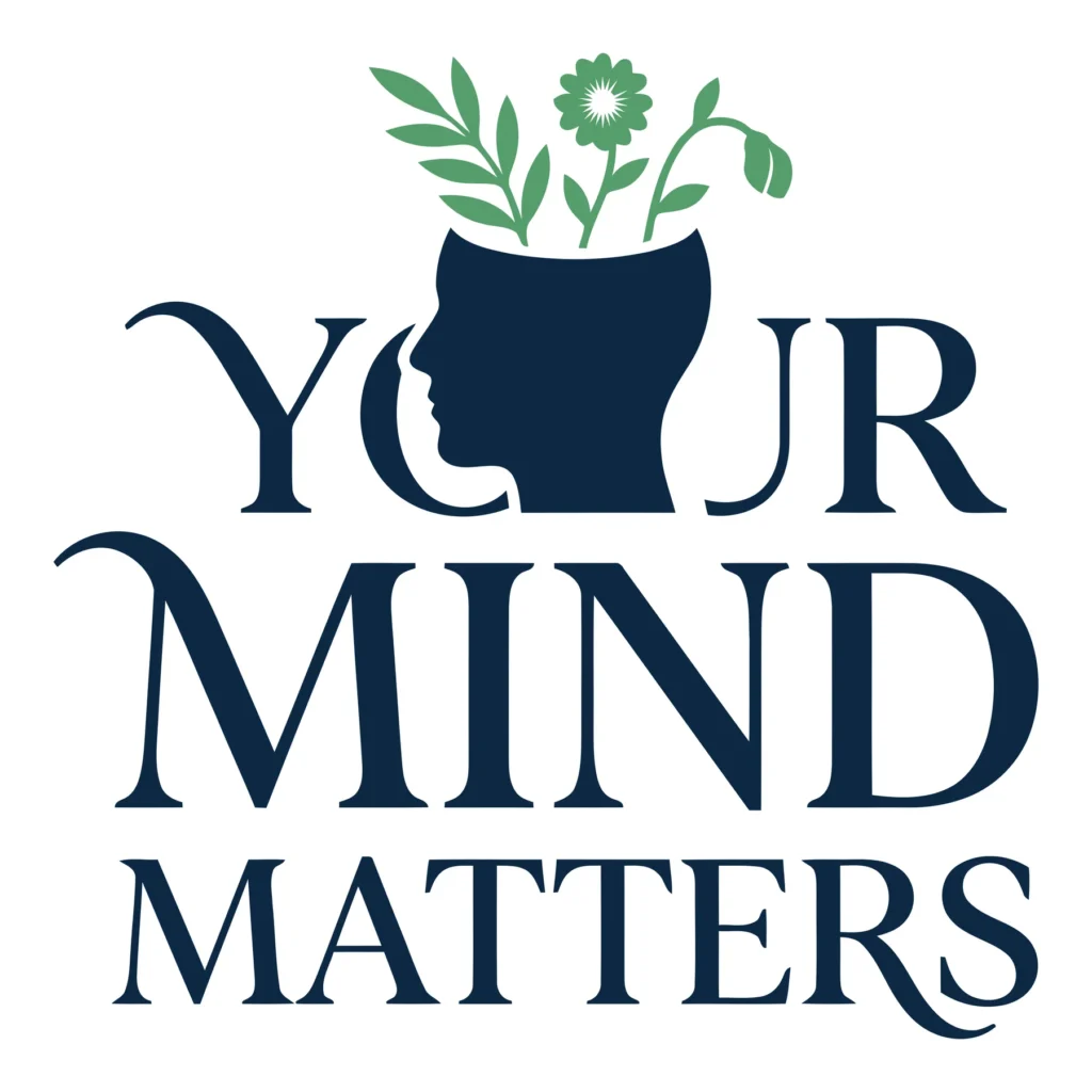 your mind matters logo with a silhouette of a human head and plants growing from it