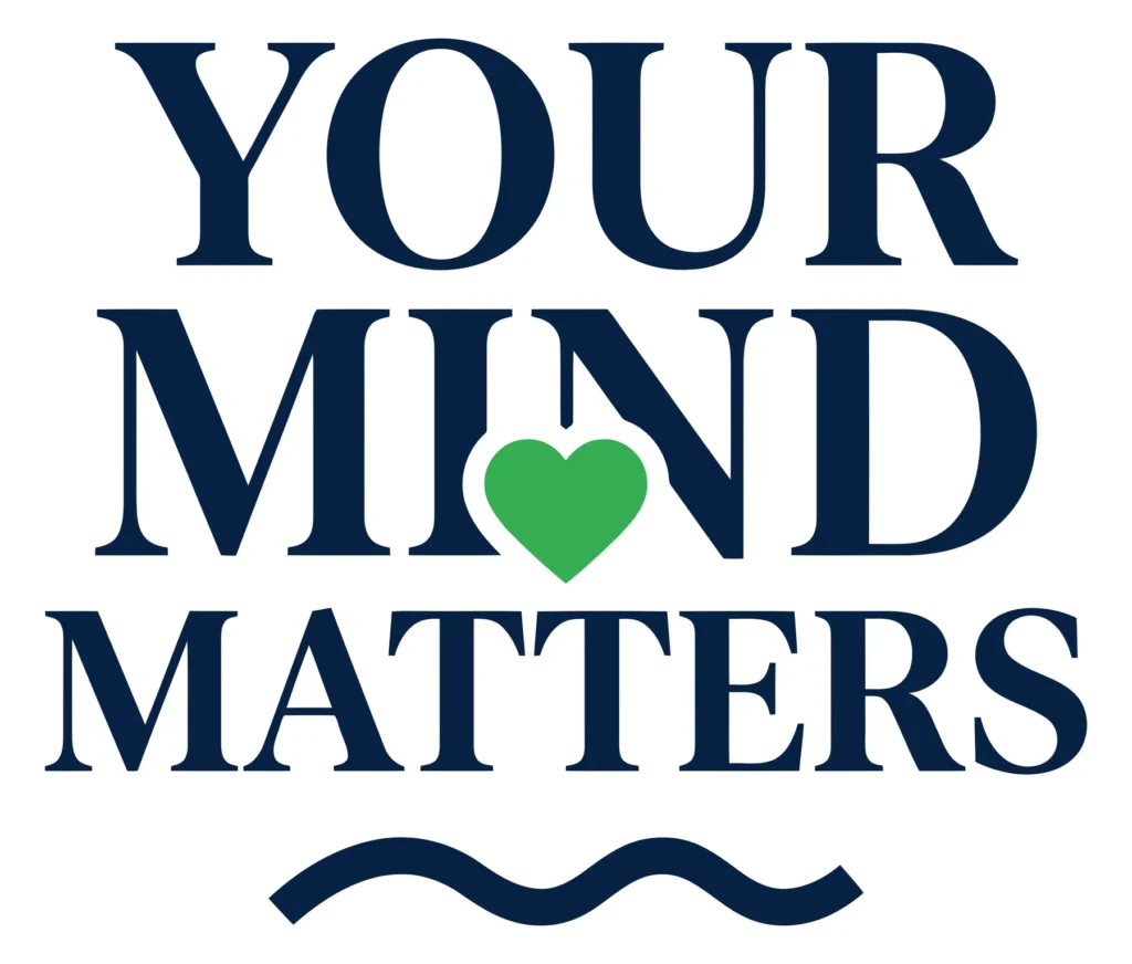 your mind matters text logo with a green heart icon and wavy line