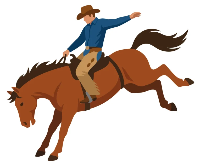 Cowboy riding bucking brown horse in dynamic illustration