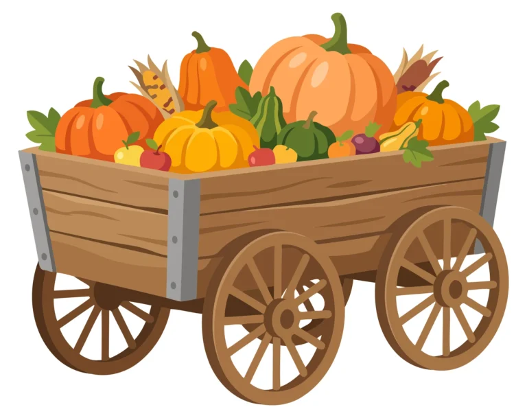 Illustrated Pumpkin Wagon with Harvest Vegetables