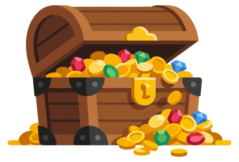 Colorful treasure chest filled with shiny gemstones and coins