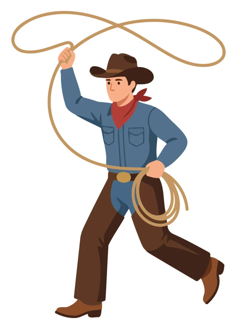 Cowboy performing lasso trick with stylized illustration
