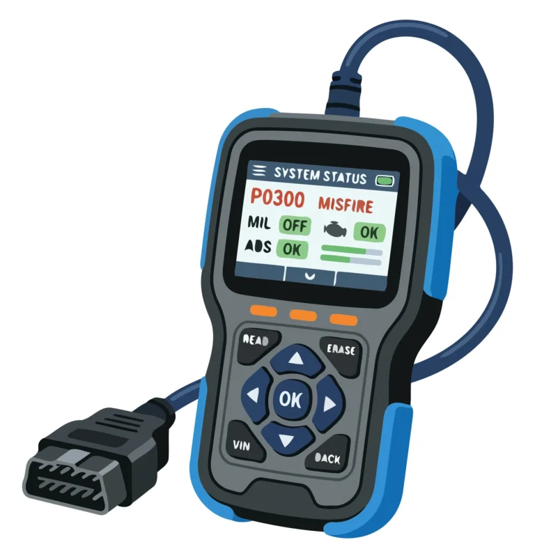Portable OBD2 Diagnostic Scanner Displaying Misfire Warning
