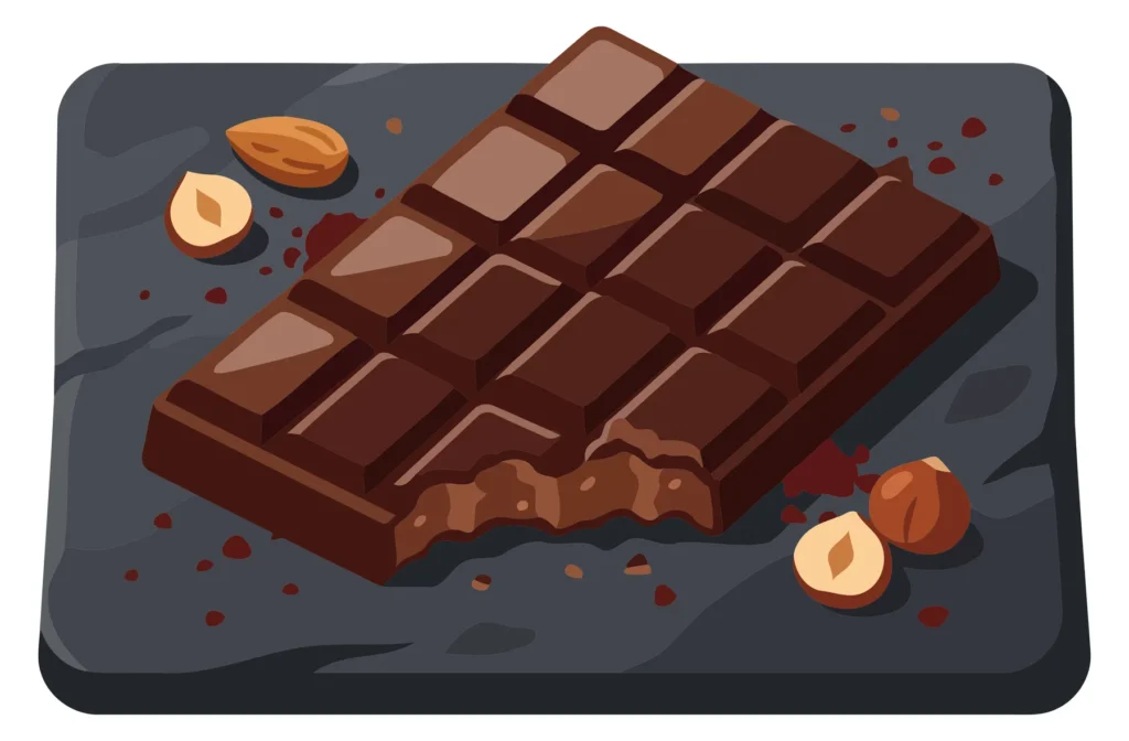 A chocolate bar with almonds on a dark background illustration