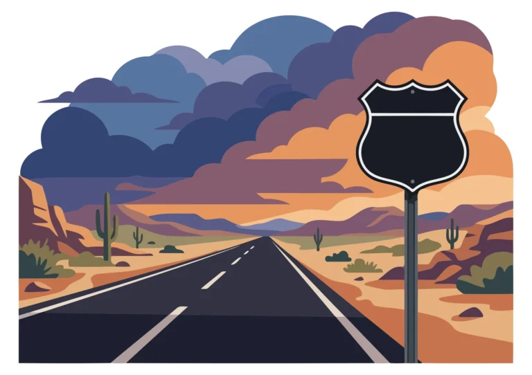 A stylized vector illustration of a road sign on a desert road with clouds in the sky