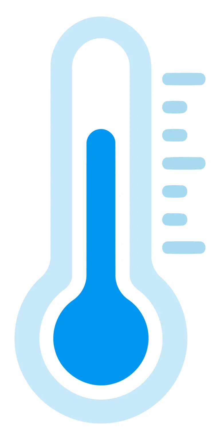 A minimalist blue thermometer icon with a gradient scale showing temperature measurement