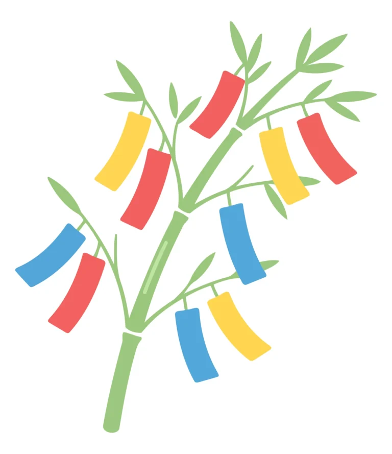 A tree branch with colorful triangular flags hanging from it