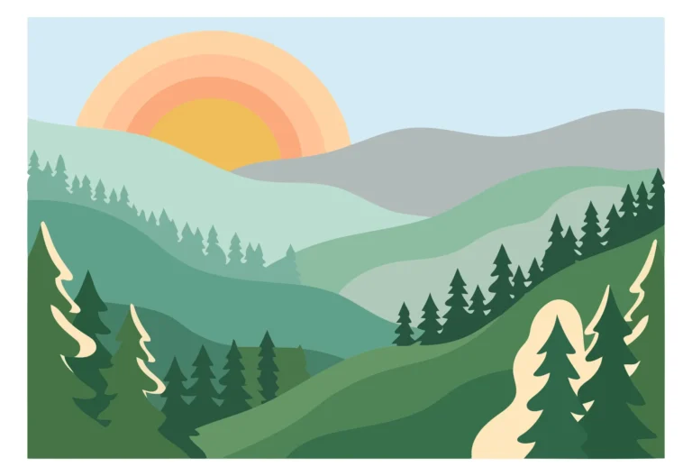 Elegant Vector Landscape with Sunrise Over Rolling Hills