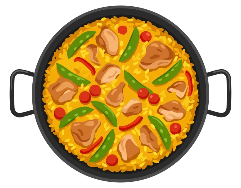 A stylized flat design illustration of a pizza with vegetables and meat