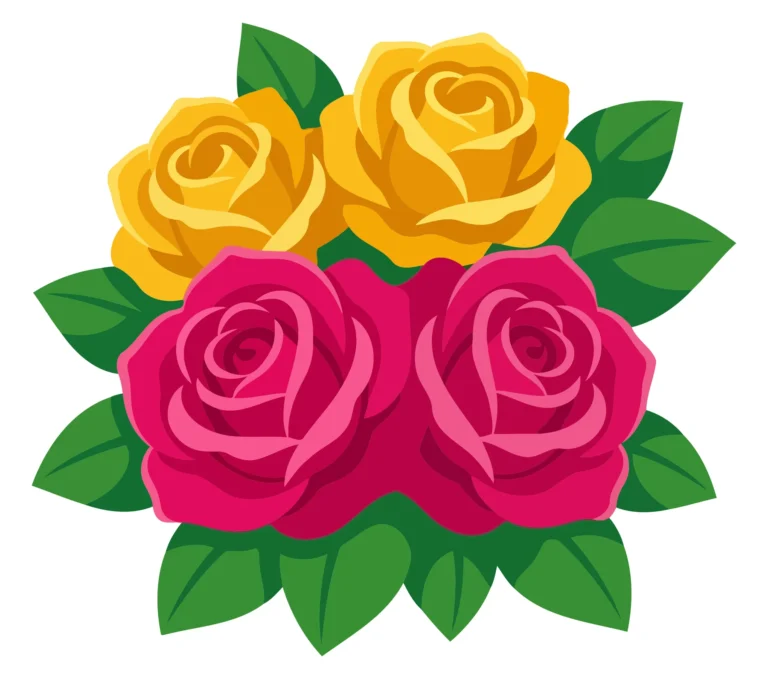 A colorful vector illustration of three stylized roses with green leaves