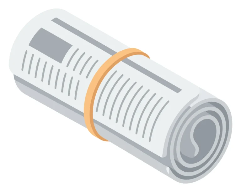 A flat design of a rolled newspaper with an orange rubber band
