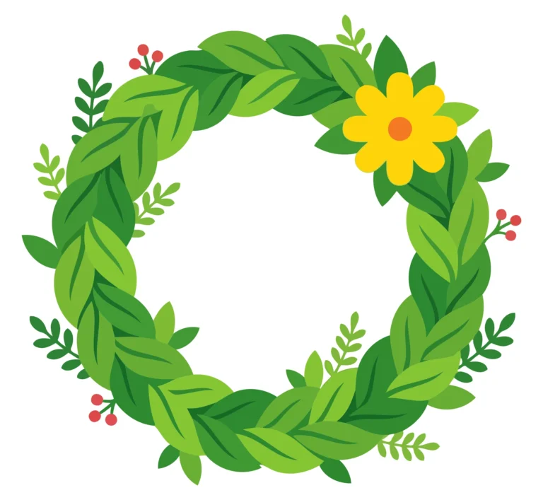 A decorative wreath with green leaves and a yellow flower in a stylized illustration