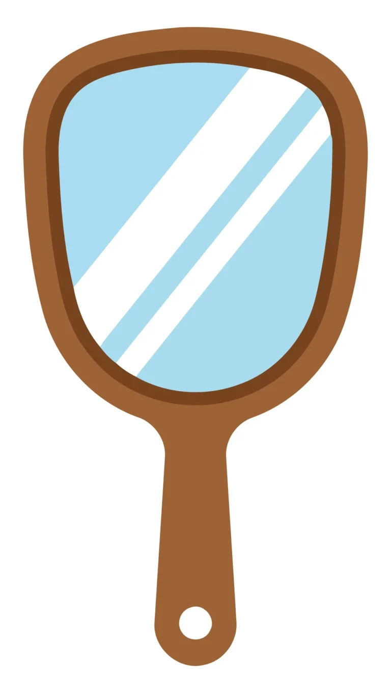 A stylized handheld mirror with diagonal stripes on a reflective surface