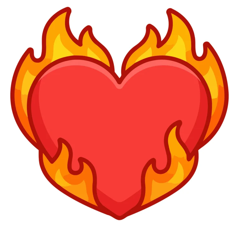 A stylized heart with fiery flames along the edges in a vector graphic design