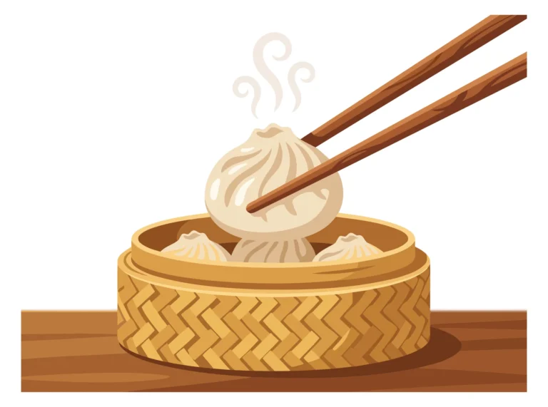 Elegant Dumpling in Traditional Wicker Bowl with Chopsticks